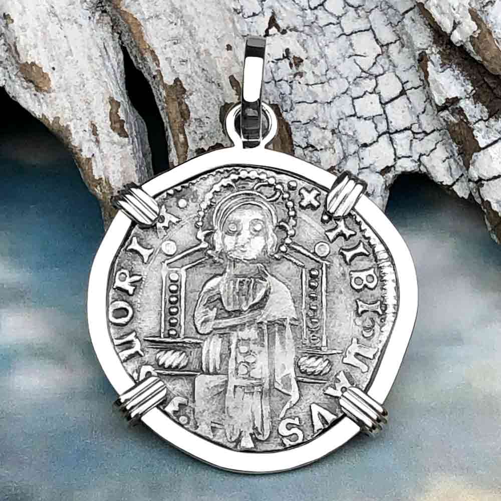 Venetian Jesus Christ Glory, Devotion &amp; Courage Silver 1390 Grosso Coin 14K White Gold Pendant