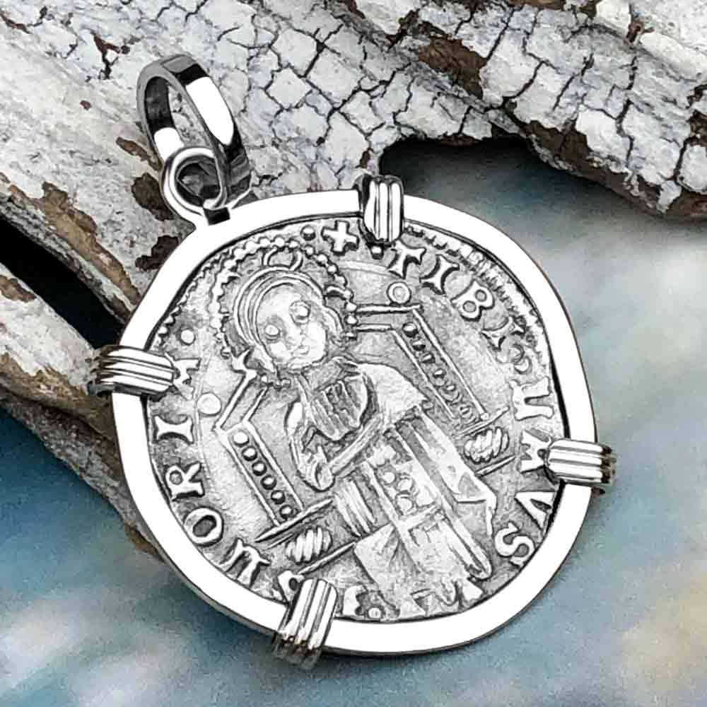 Venetian Jesus Christ Glory, Devotion &amp; Courage Silver 1390 Grosso Coin 14K White Gold Pendant