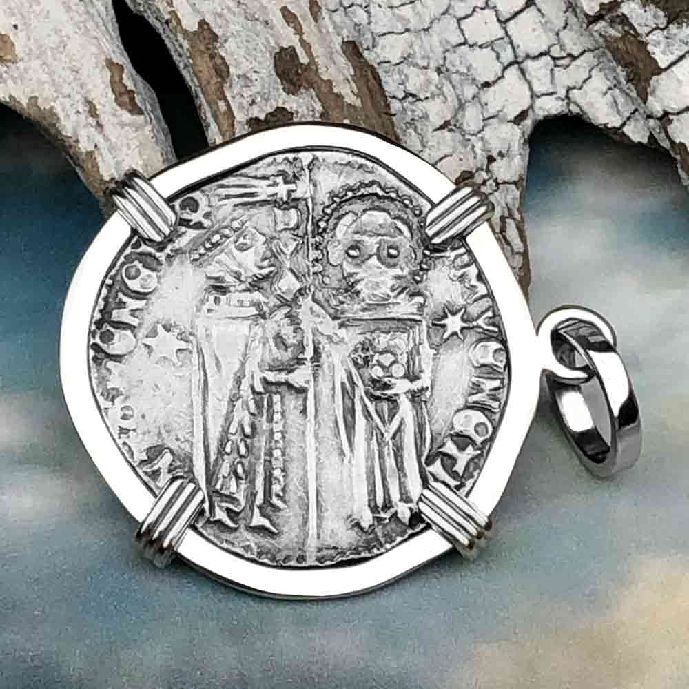 Venetian Jesus Christ Glory, Devotion &amp; Courage Silver 1390 Grosso Coin 14K White Gold Pendant