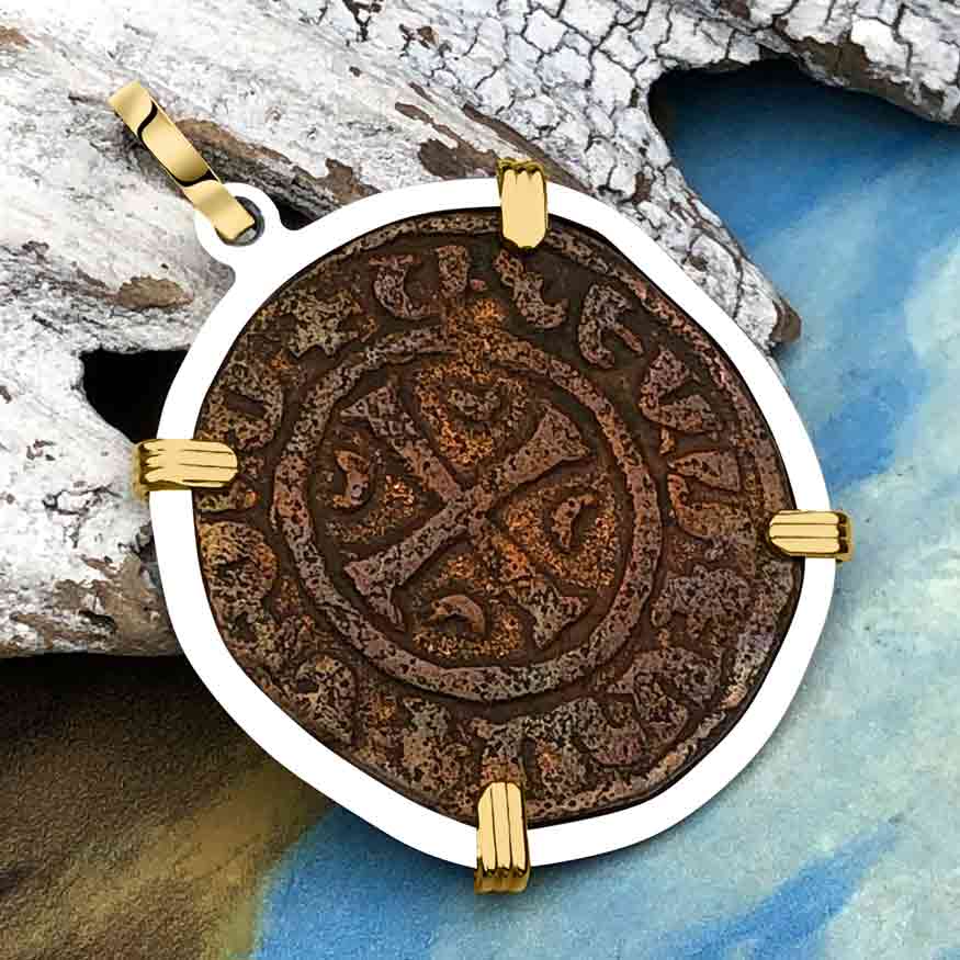 Knights Templar Era Cilician Armenia Crusader Coin of Faith, Courage &amp; Honor circa 1250 AD 14K Gold and Sterling Silver Pendant