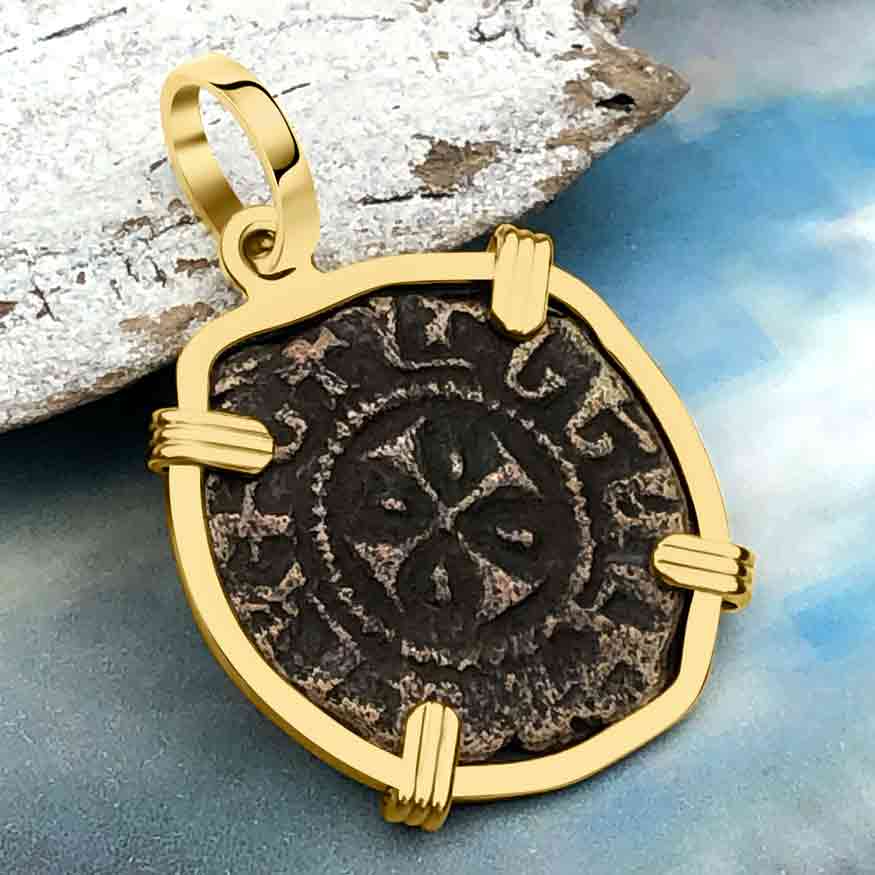 Knights Templar Era Cilician Armenia Crusader Coin of Faith, Courage &amp; Honor circa 1250 AD 14K Gold Pendant