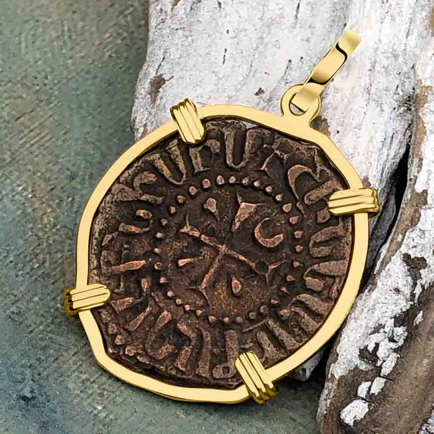 Knights Templar Era Cilician Armenia Crusader Coin of Faith, Courage &amp; Honor circa 1250 AD 14K Gold Pendant