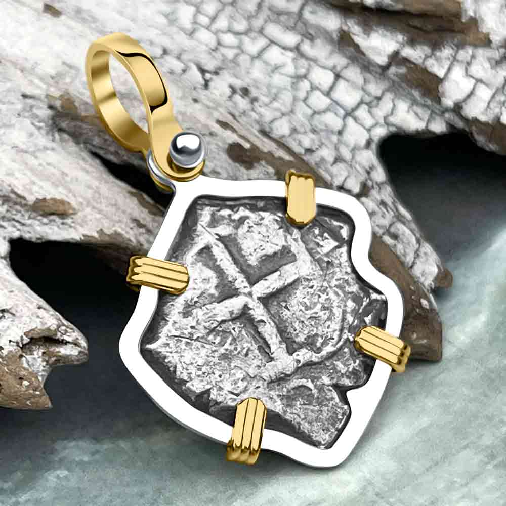 Pirate Era 1743 Spanish 1 Reale Piece of Eight 14K Gold and Sterling Silver Pendant