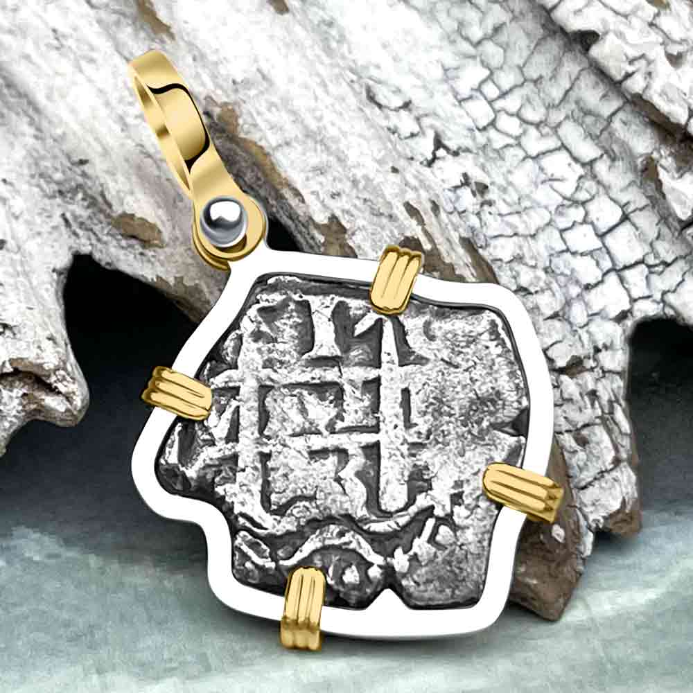 Pirate Era 1743 Spanish 1 Reale Piece of Eight 14K Gold and Sterling Silver Pendant