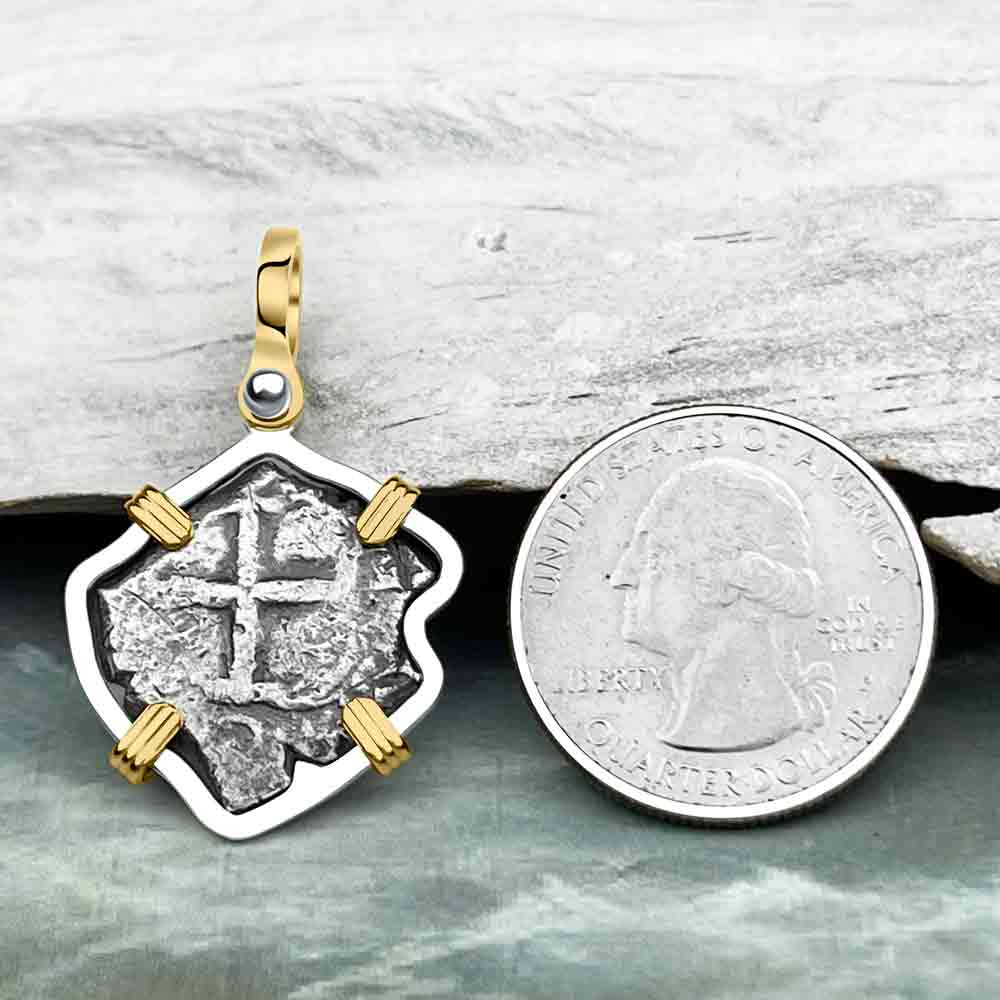 Pirate Era 1743 Spanish 1 Reale Piece of Eight 14K Gold and Sterling Silver Pendant