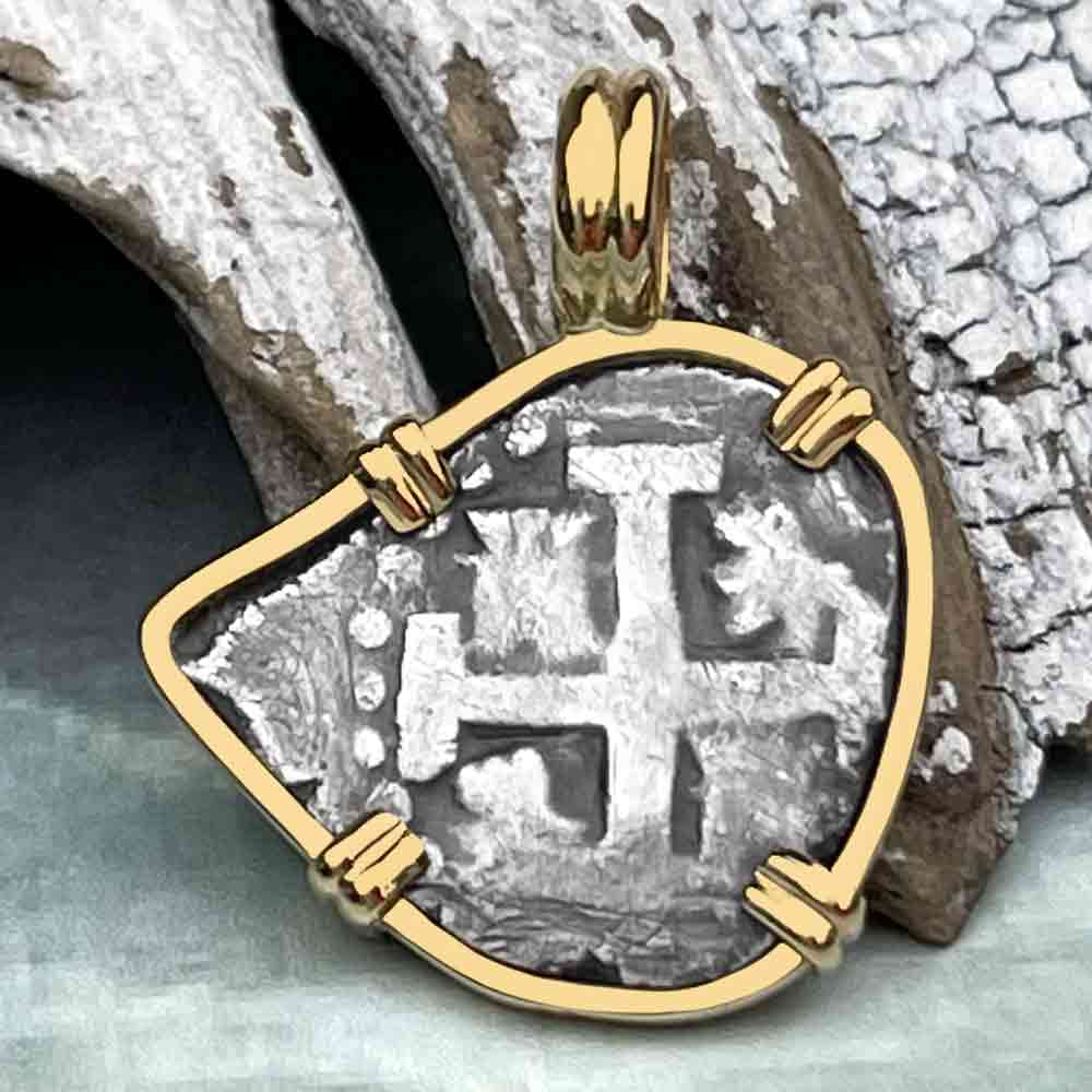 Pirate Era Dated 1723 Spanish 1/2 Reale Piece of Eight 14K Gold Pendant