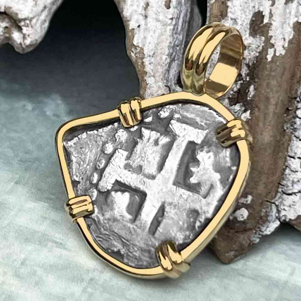 Pirate Era Dated 1723 Spanish 1/2 Reale Piece of Eight 14K Gold Pendant