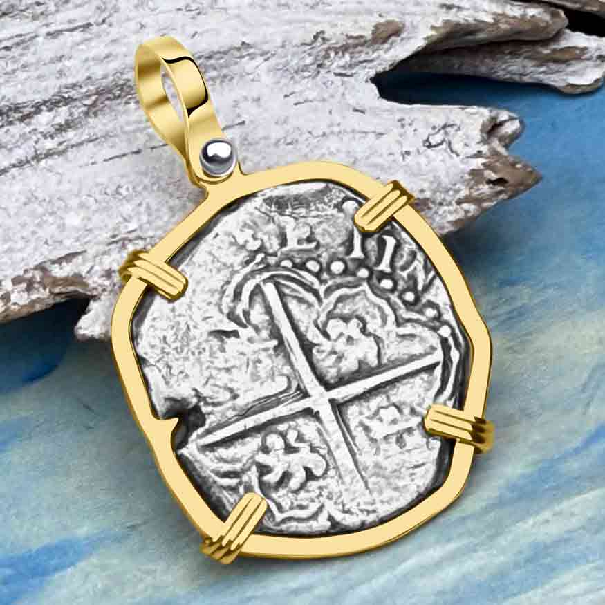 STUNNING Mel Fisher&#39;s Atocha Rare 2 Reale Shipwreck Coin 14K Gold Pendant 