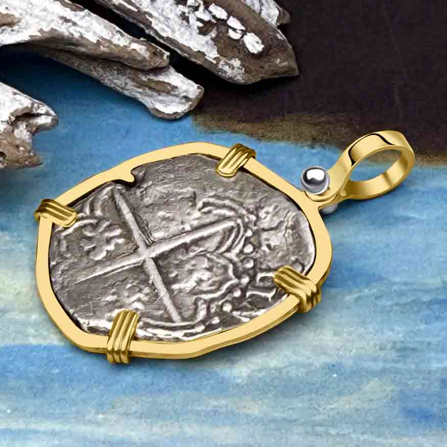 STUNNING Mel Fisher&#39;s Atocha Rare 2 Reale Shipwreck Coin 14K Gold Pendant 