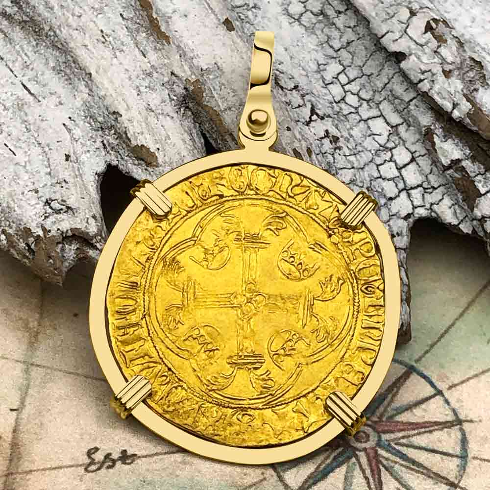 Medieval France Royal 22K Gold Ecu d&#39;or Cross Coin of Louis XI circa 1470 in an 18K Gold Pendant