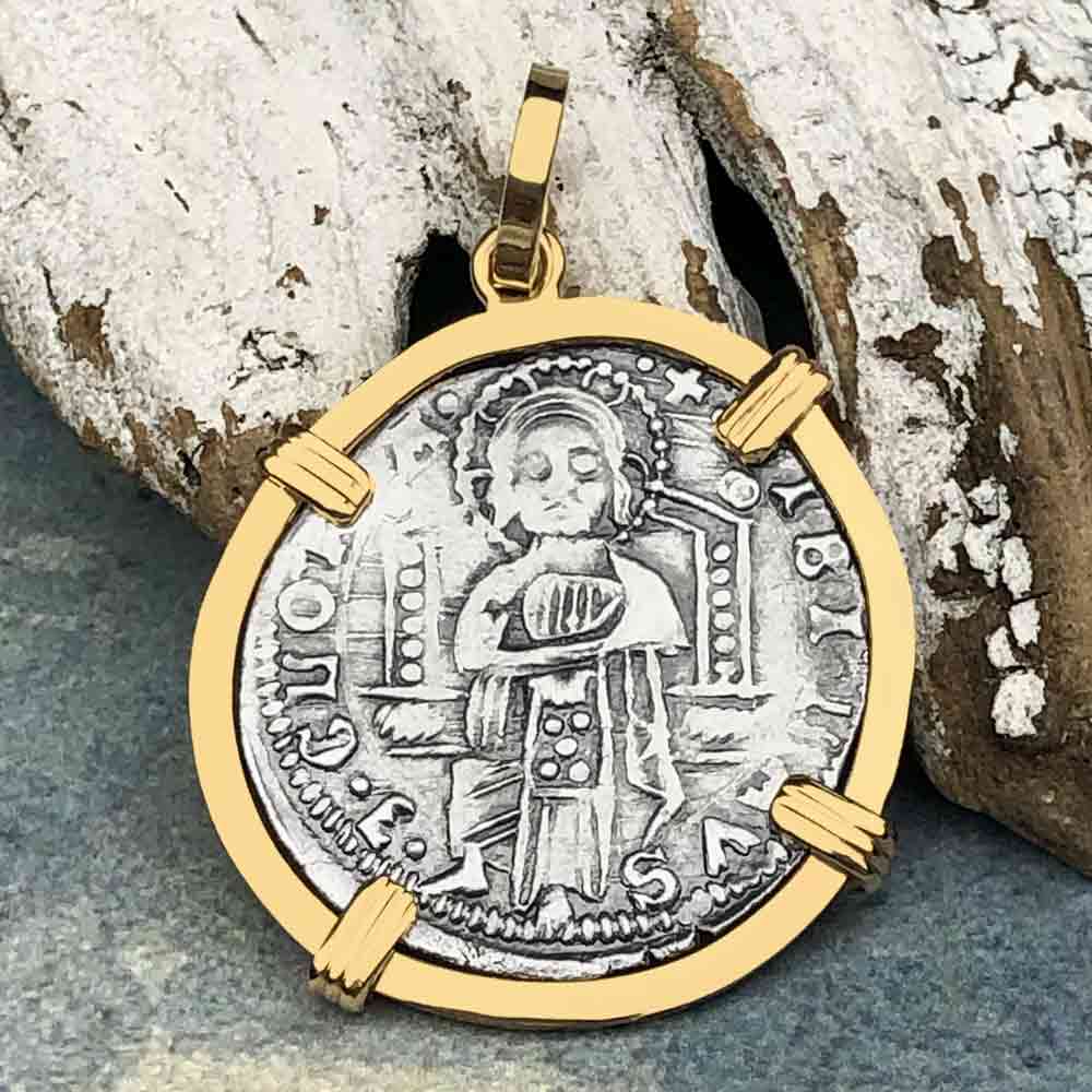 Venetian Jesus Christ Glory, Devotion & Courage Silver 1390 Grosso Coin 14K Gold Pendant