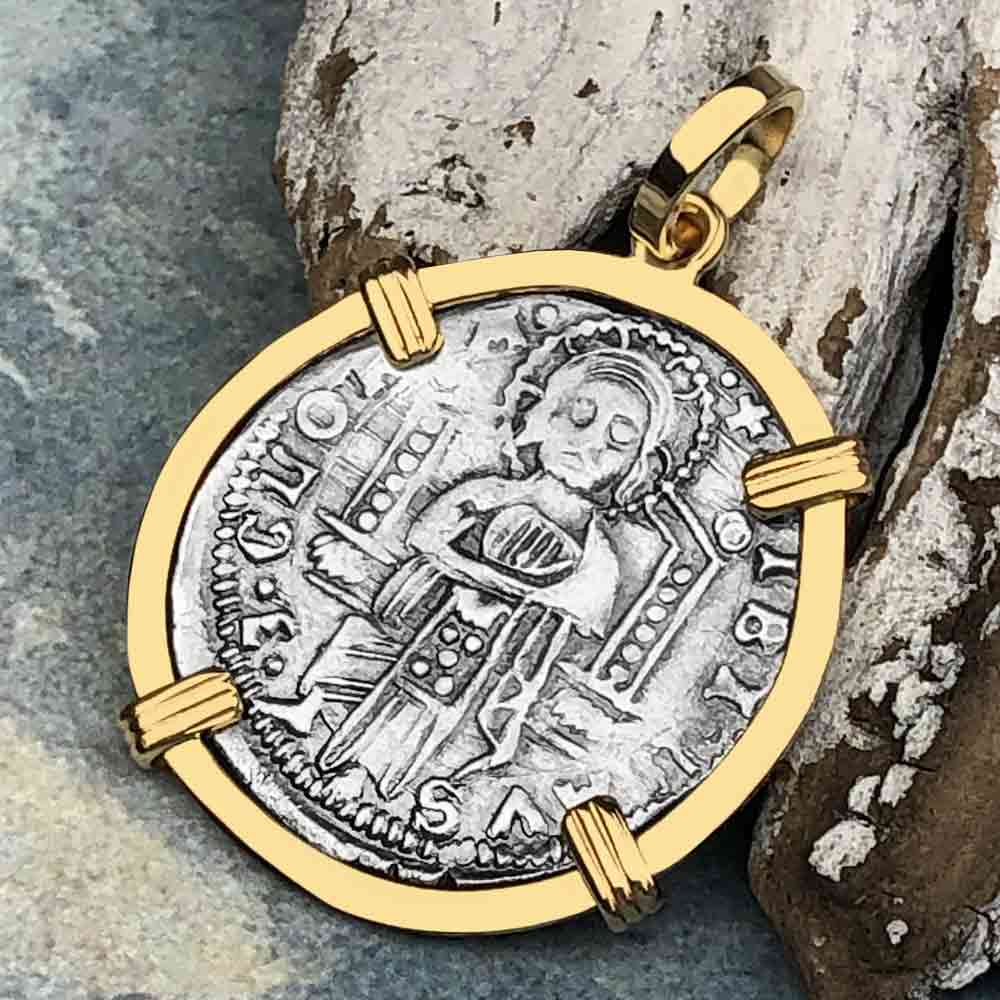 Venetian Jesus Christ Glory, Devotion & Courage Silver 1390 Grosso Coin 14K Gold Pendant