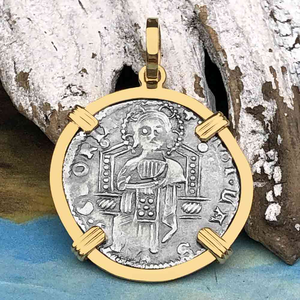 Venetian Jesus Christ Glory, Devotion & Courage Silver 1390 Grosso Coin 14K Gold Pendant