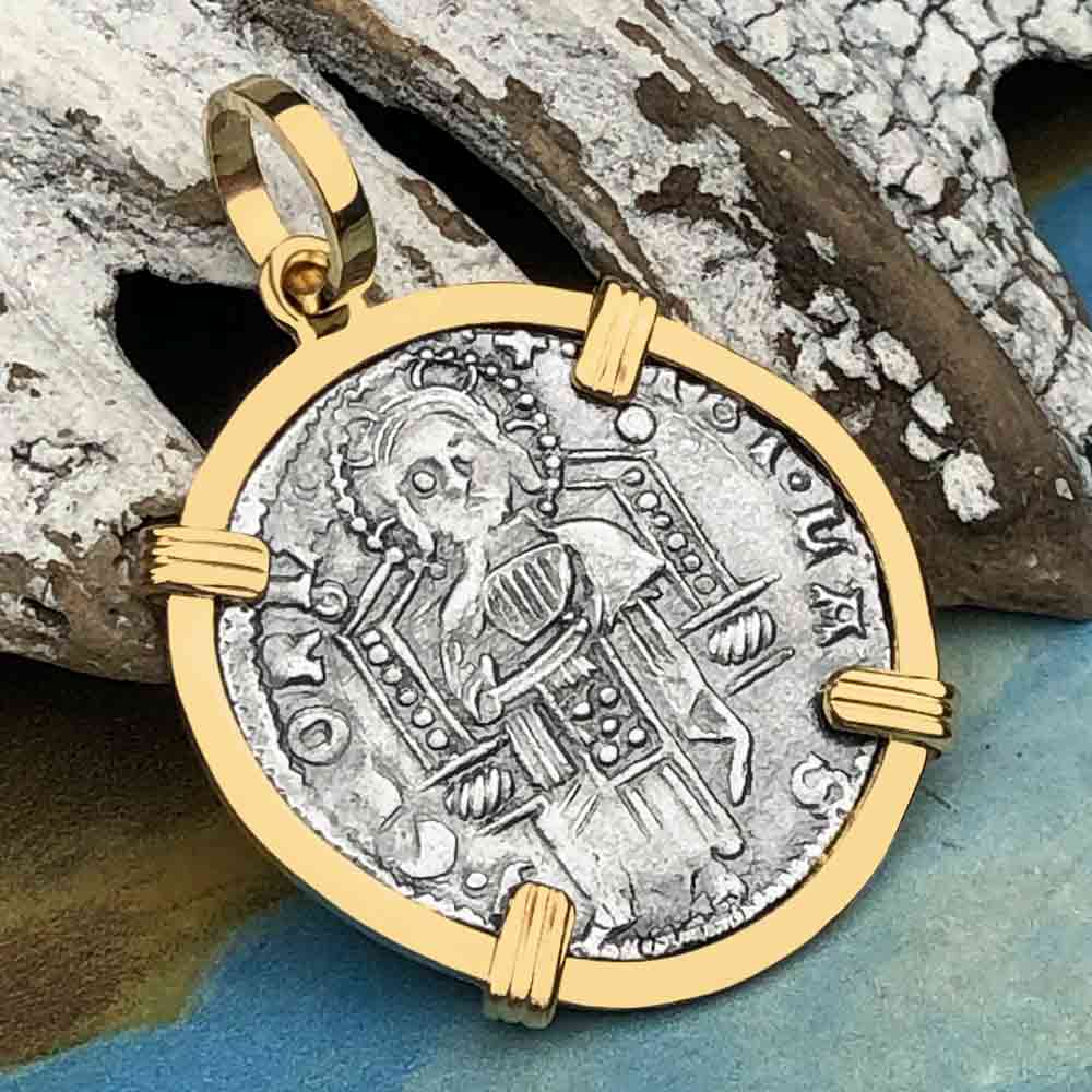 Venetian Jesus Christ Glory, Devotion & Courage Silver 1390 Grosso Coin 14K Gold Pendant