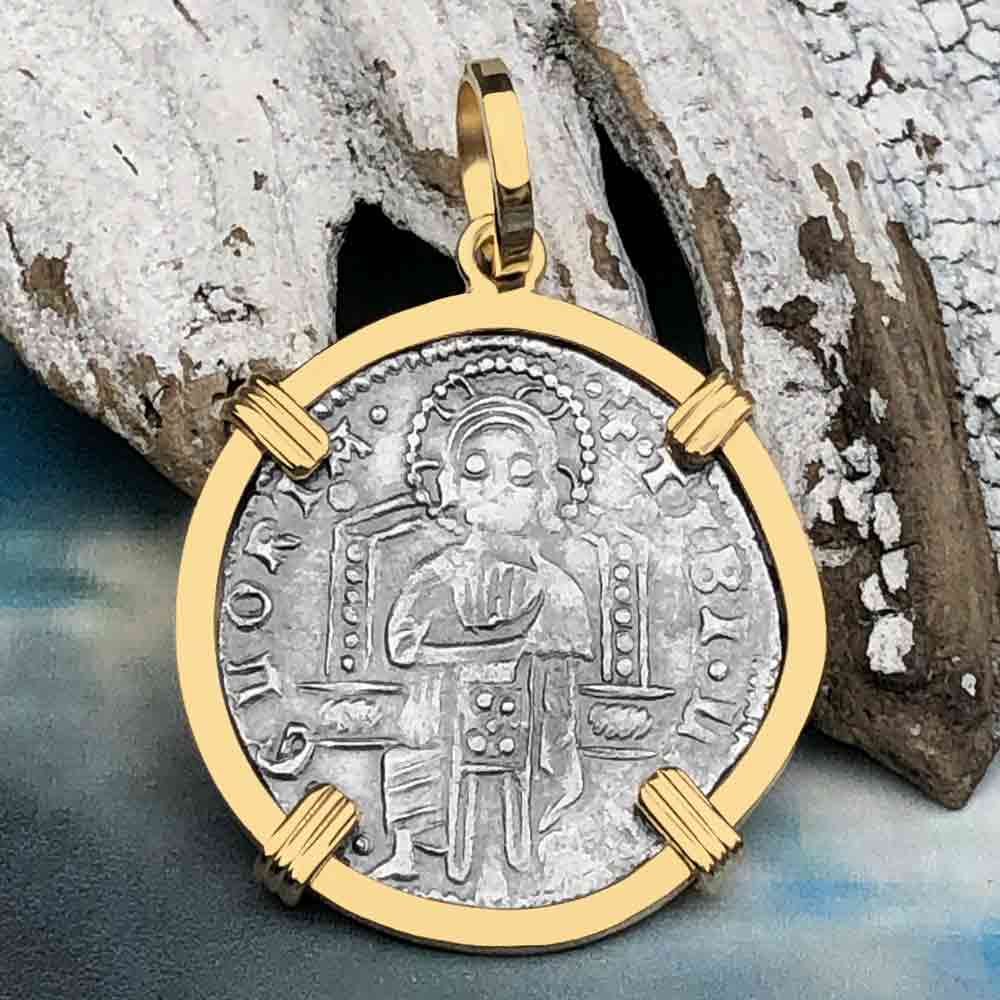 Venetian Jesus Christ Glory, Devotion & Courage Silver 1390 Grosso Coin 14K Gold Pendant