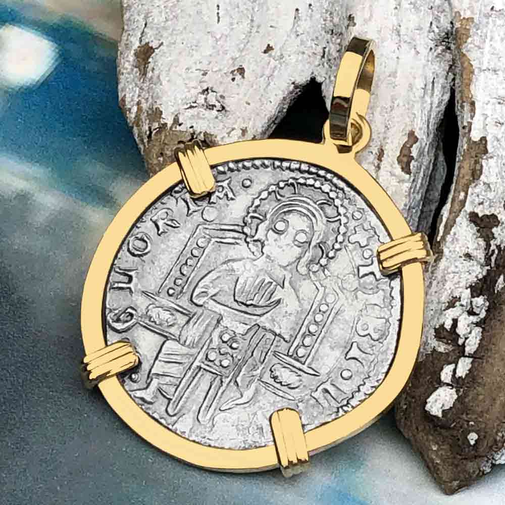 Venetian Jesus Christ Glory, Devotion & Courage Silver 1390 Grosso Coin 14K Gold Pendant