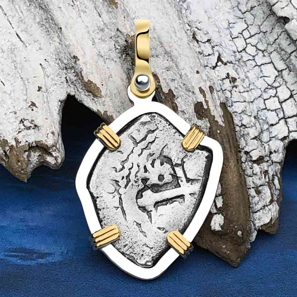 1715 Fleet Shipwreck Spanish 1 Reale &quot;Piece of 8&quot; 14K Gold &amp; Sterling Silver Pendant