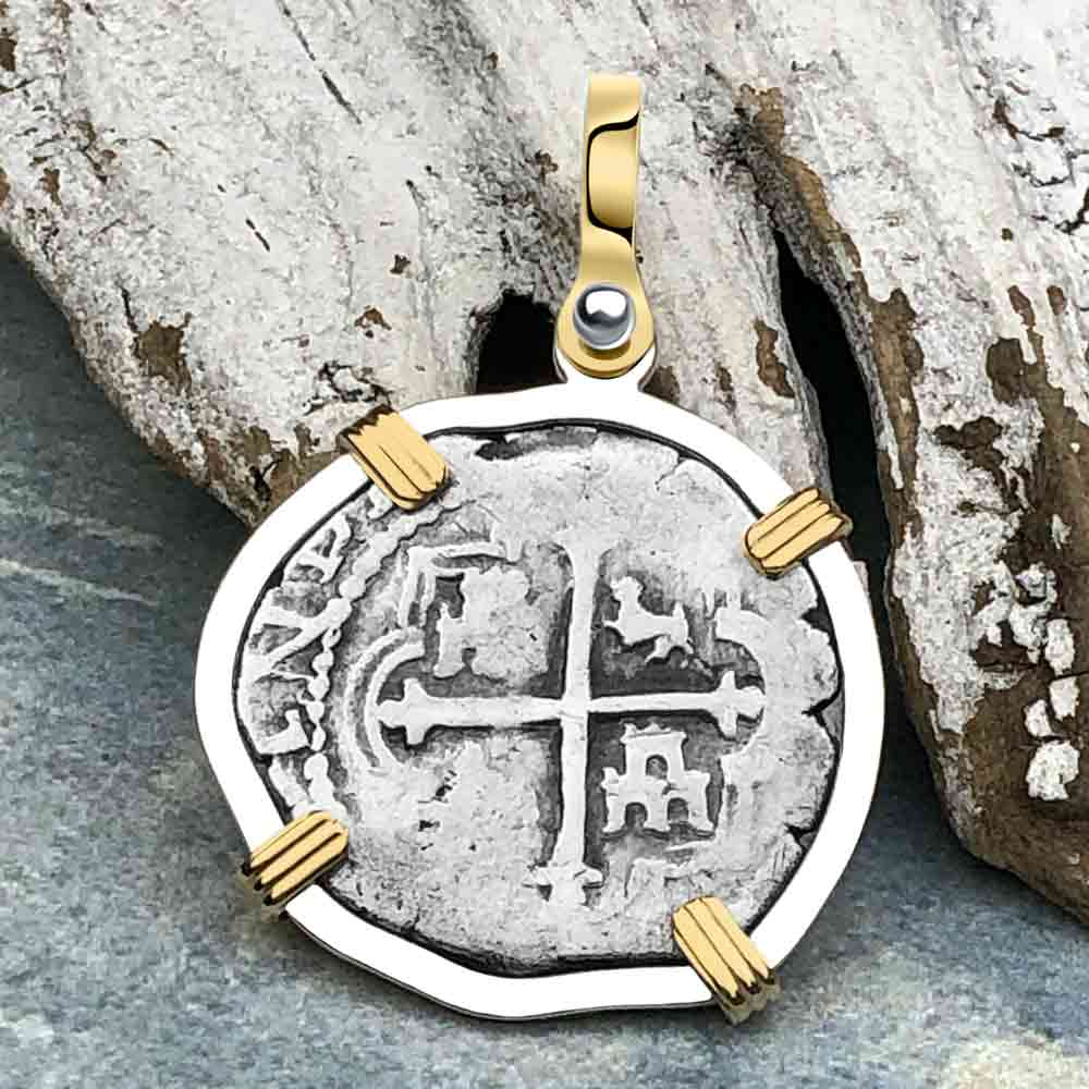 Pirate Era Circa 1589 Spanish 1 Reale Cob Piece of 8 14K Gold and Sterling Silver Pendant