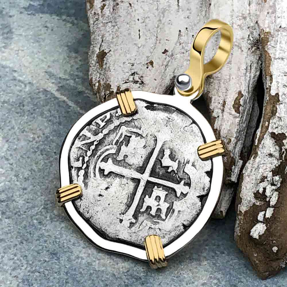 Pirate Era Circa 1589 Spanish 1 Reale Cob Piece of 8 14K Gold and Sterling Silver Pendant