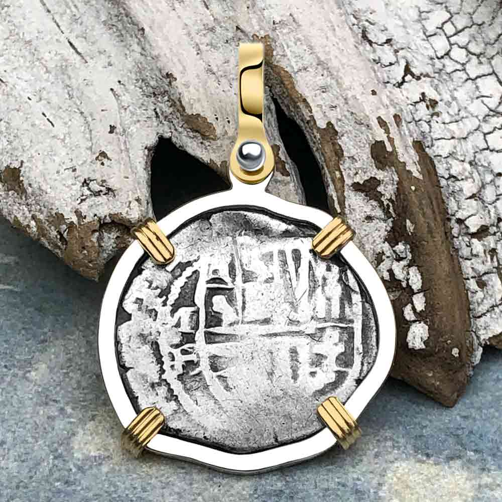 Pirate Era Circa 1589 Spanish 1 Reale Cob Piece of 8 14K Gold and Sterling Silver Pendant