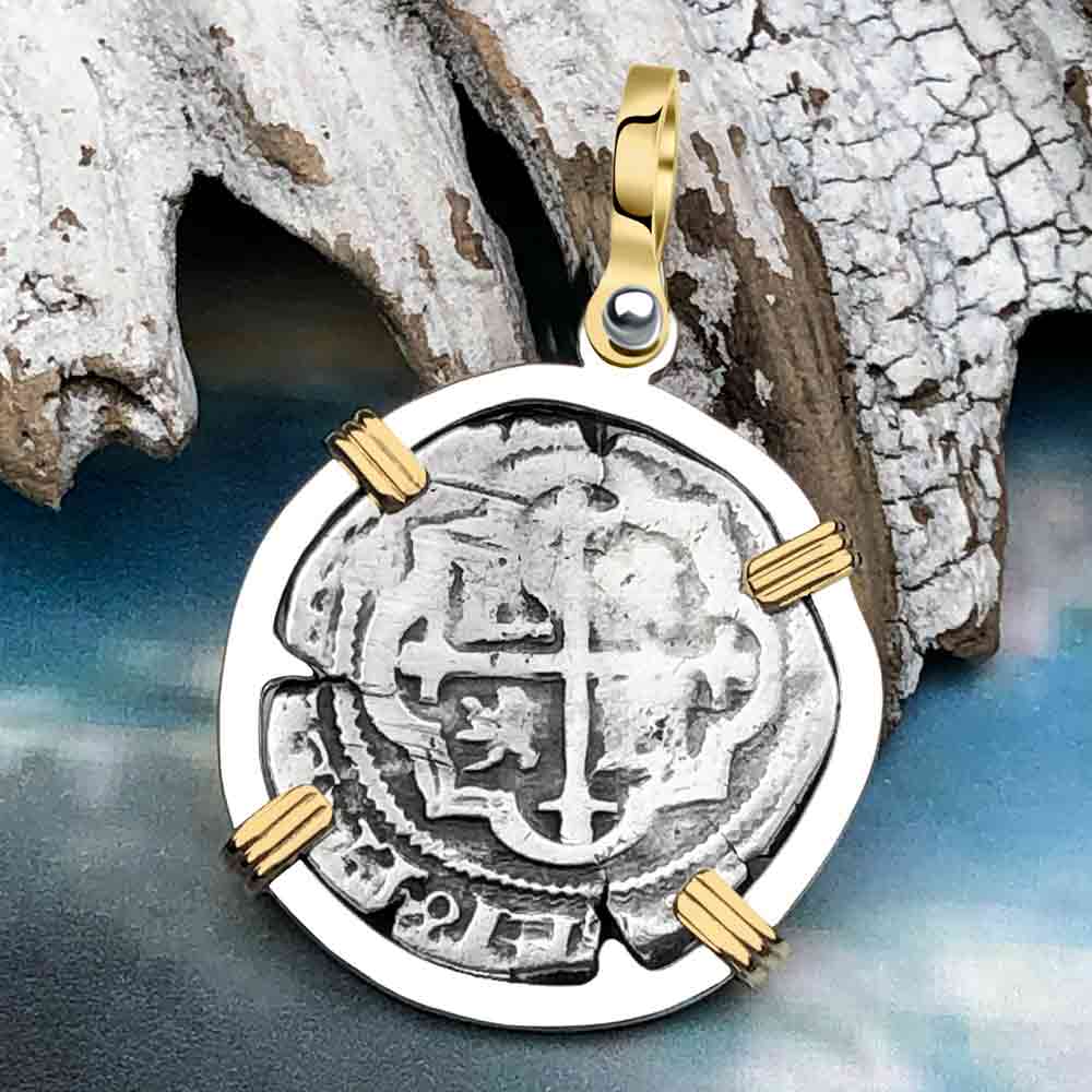 Pirate Era Circa 1589 Spanish 1 Reale Cob Piece of 8 14K Gold and Sterling Silver Pendant