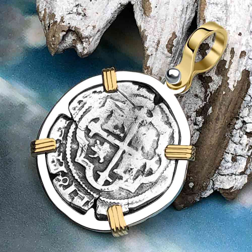 Pirate Era Circa 1589 Spanish 1 Reale Cob Piece of 8 14K Gold and Sterling Silver Pendant