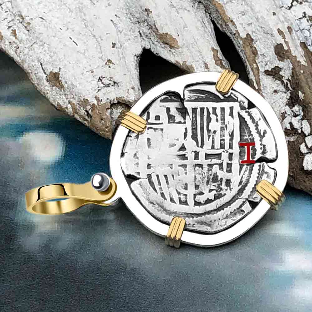 Pirate Era Circa 1589 Spanish 1 Reale Cob Piece of 8 14K Gold and Sterling Silver Pendant