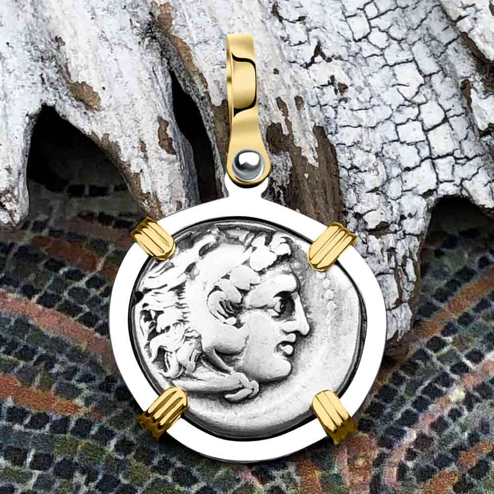 Ancient Greek Alexander the Great Silver Drachm Coin 14K Gold & Sterling Silver Pendant