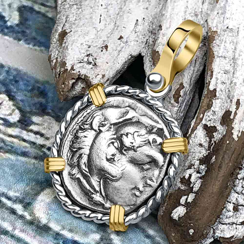 Ancient Greek Alexander the Great Silver Drachm Coin 14K Gold &amp; Sterling Silver Pendant