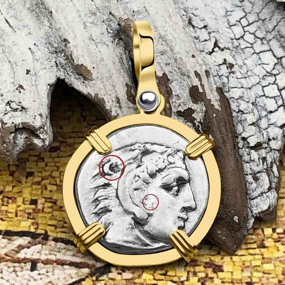 Ancient Greek Alexander the Great Silver Drachm Coin 14K Gold Pendant