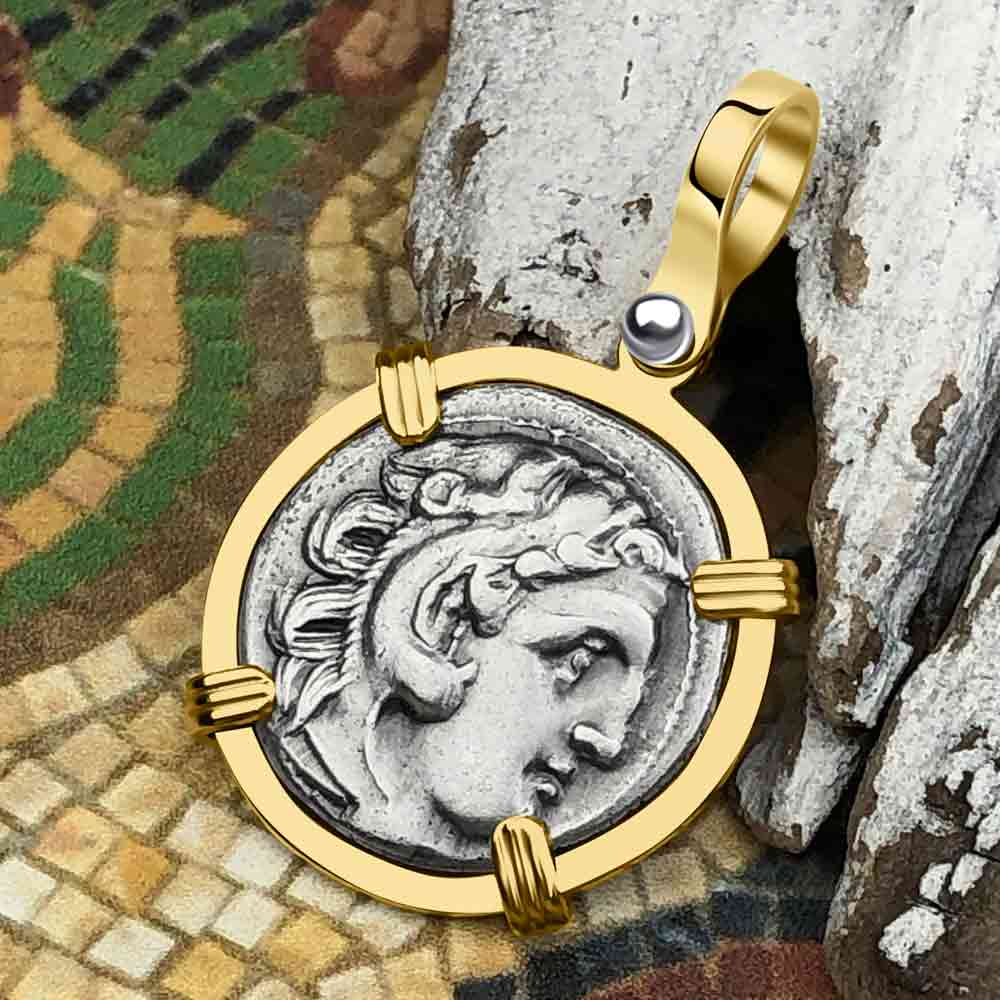 Ancient Greek Alexander the Great Silver Drachm Coin 14K Gold Pendant