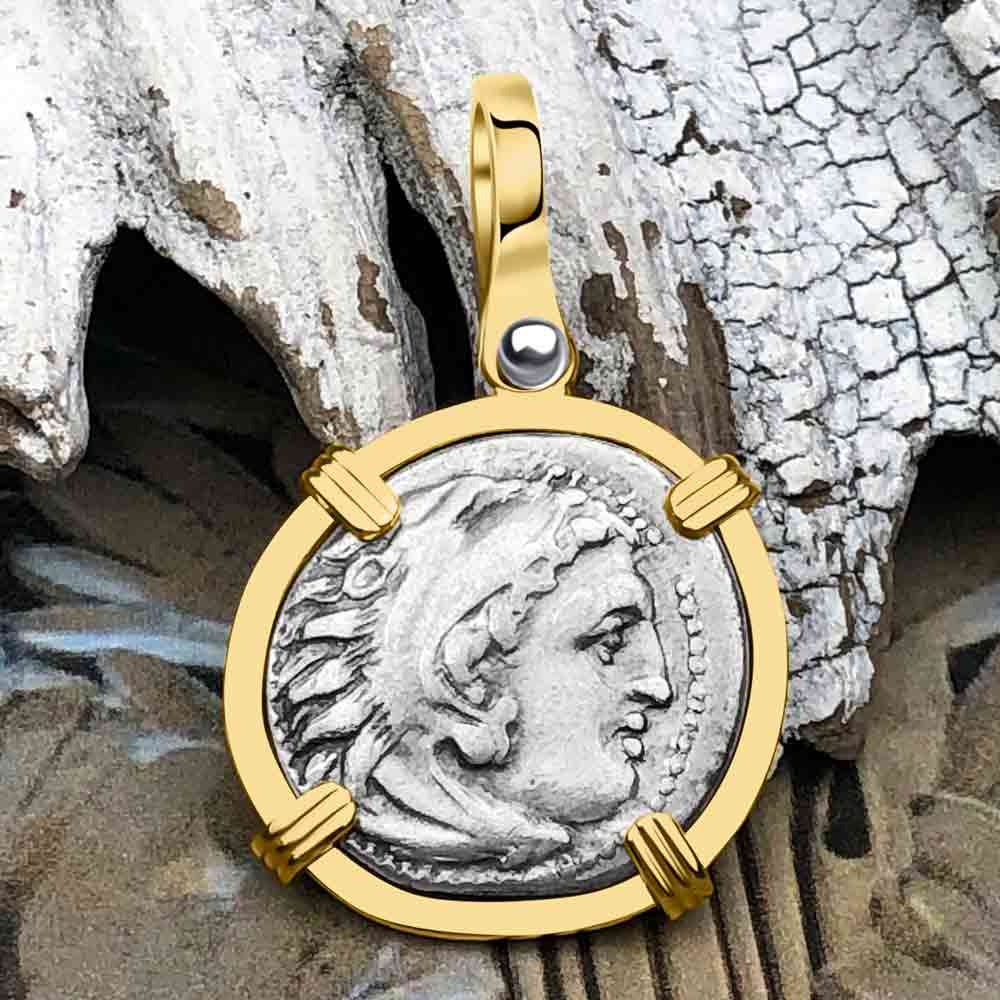 Ancient Greek Alexander the Great Silver Drachm Coin 14K Gold Pendant