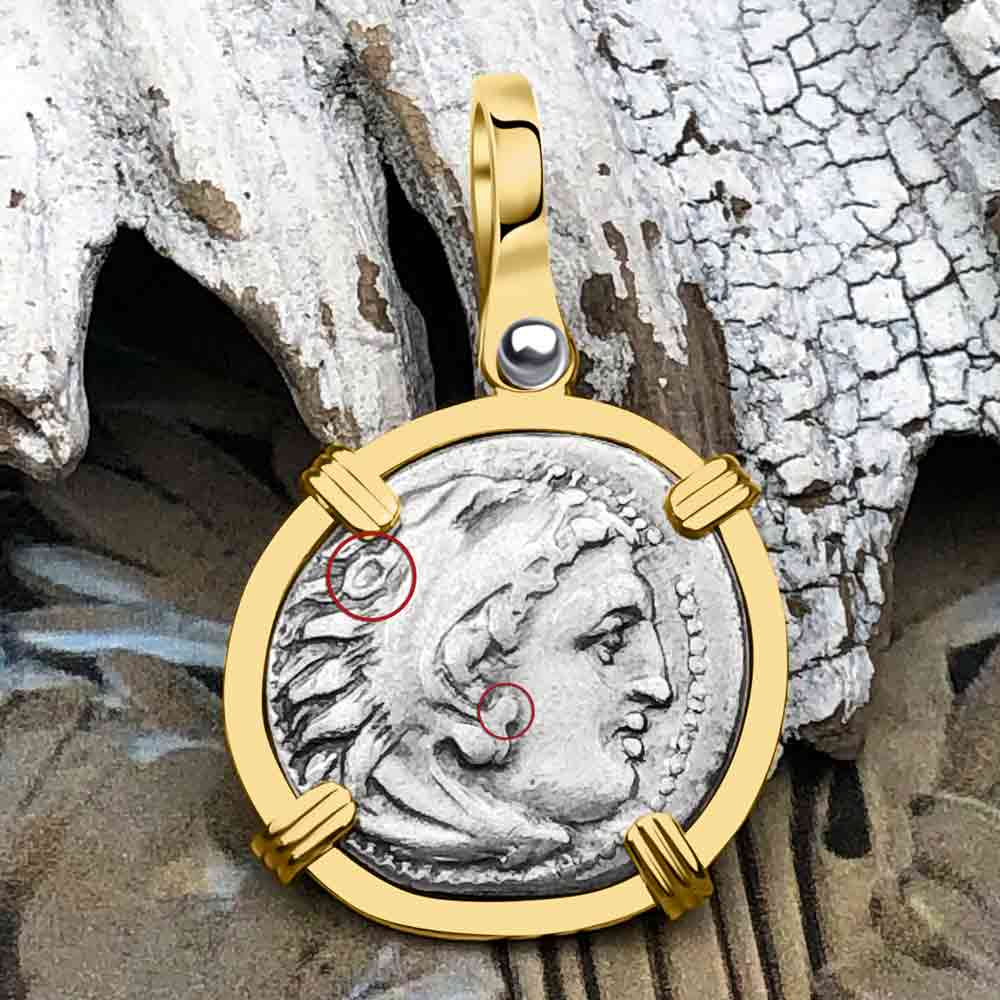 Ancient Greek Alexander the Great Silver Drachm Coin 14K Gold Pendant