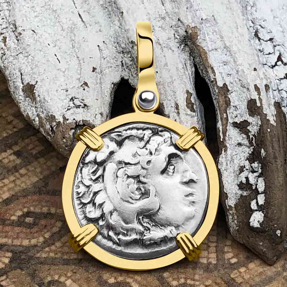 Ancient Greek Alexander the Great Silver Drachm Coin 14K Gold Pendant