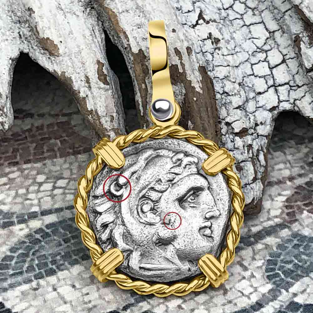 Ancient Greek Alexander the Great Silver Drachm Coin 14K Gold Pendant