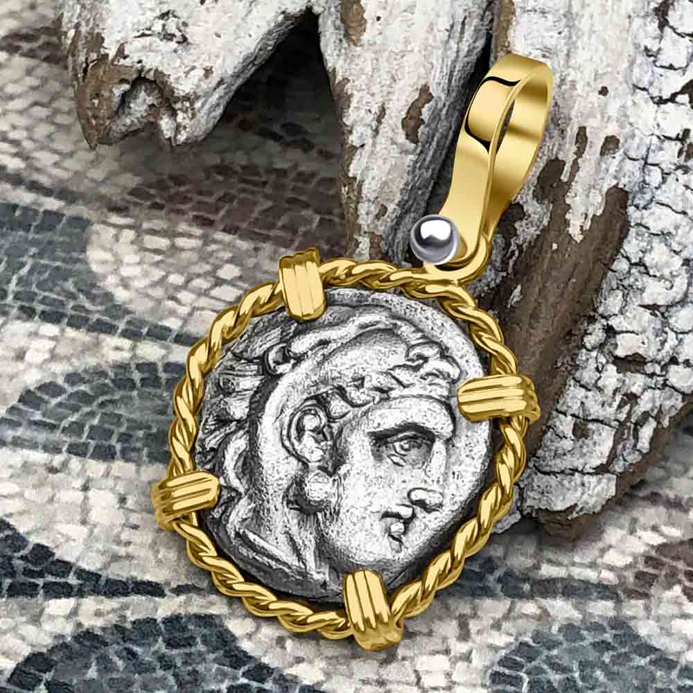 Ancient Greek Alexander the Great Silver Drachm Coin 14K Gold Pendant