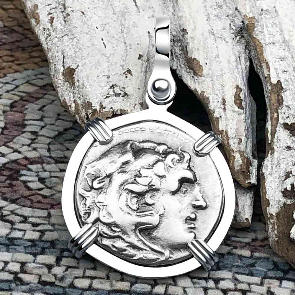 Ancient Greek Alexander the Great Silver Drachm Coin 14K White Gold Pendant