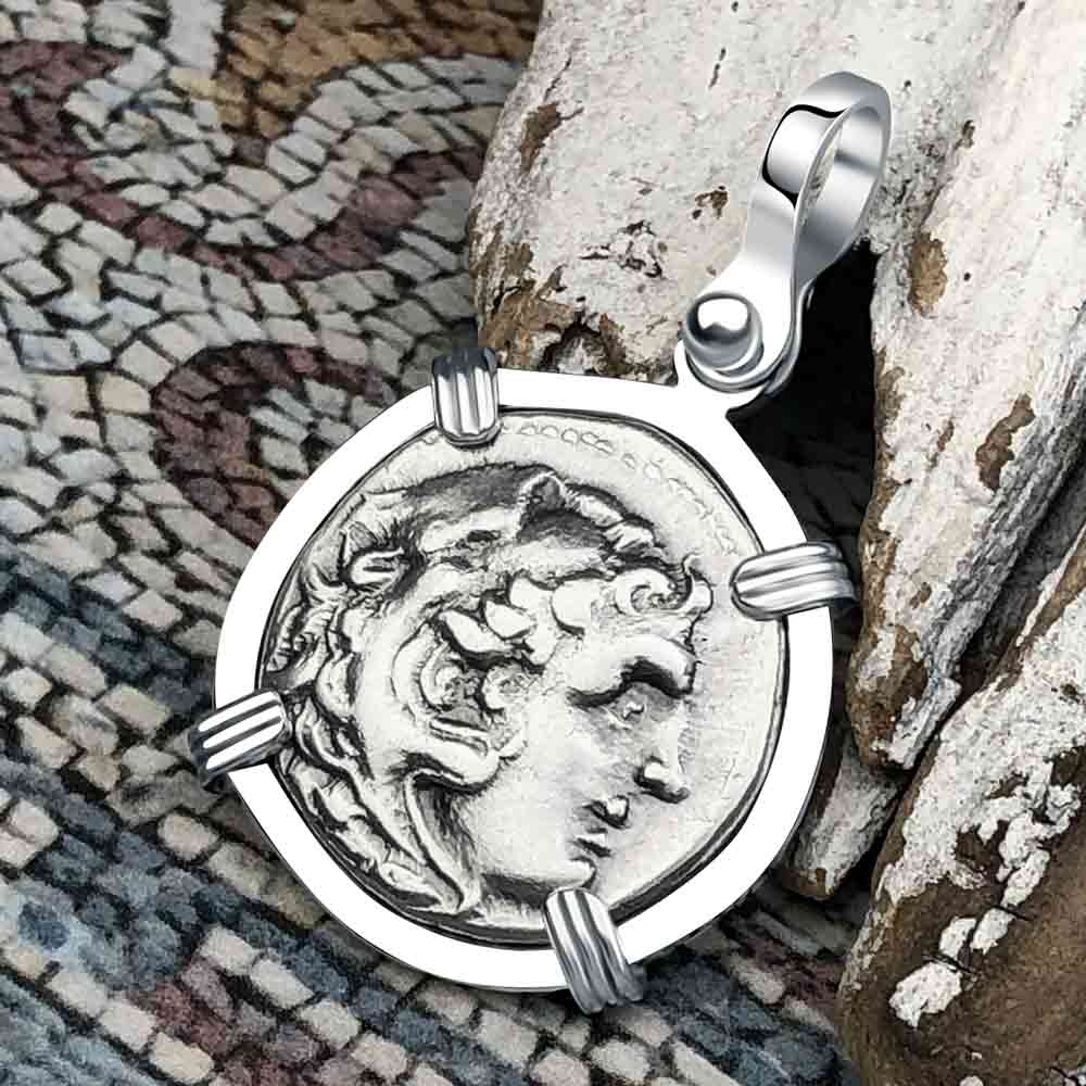 Ancient Greek Alexander the Great Silver Drachm Coin 14K White Gold Pendant