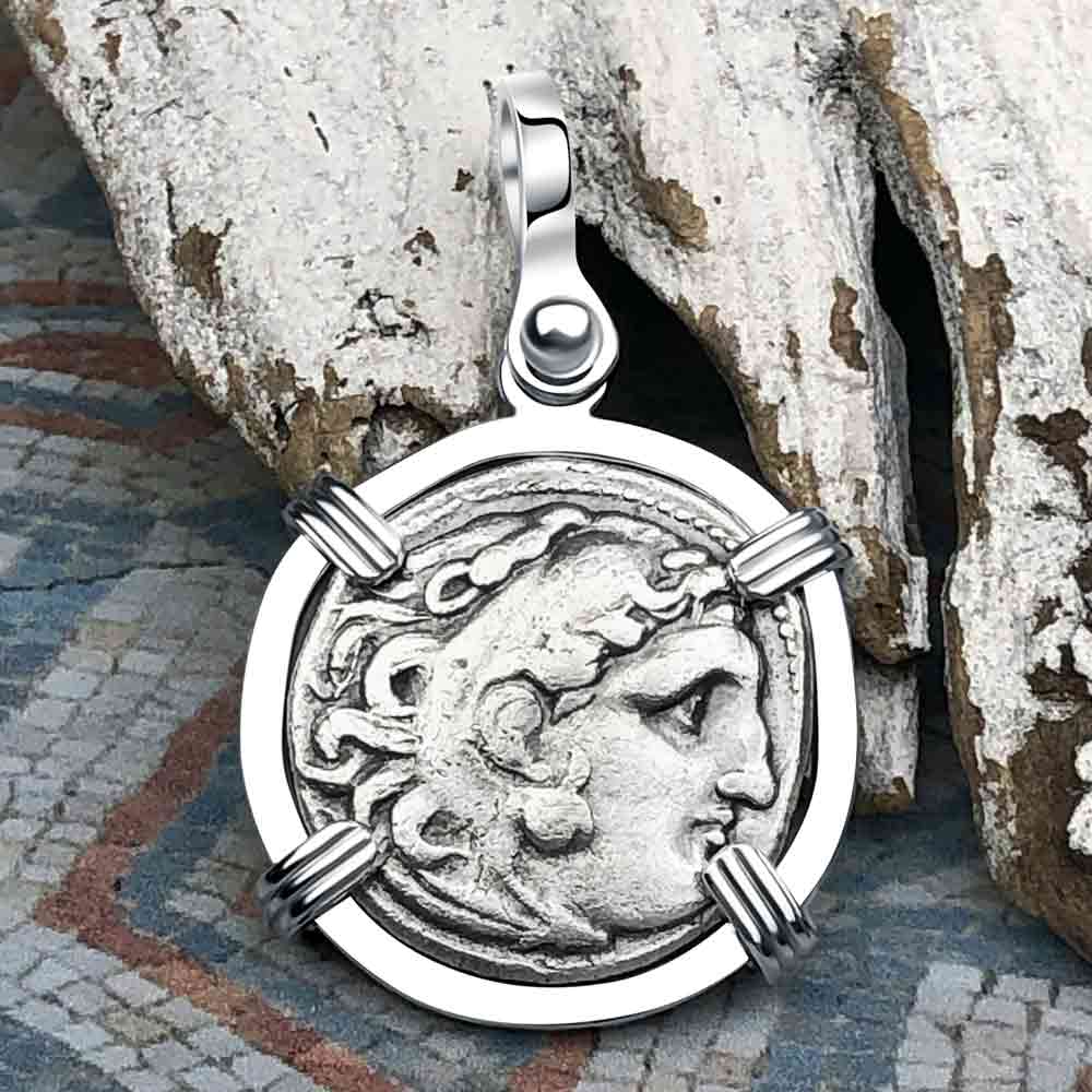 Ancient Greek Alexander the Great Silver Drachm Coin 14K White Gold Pendant