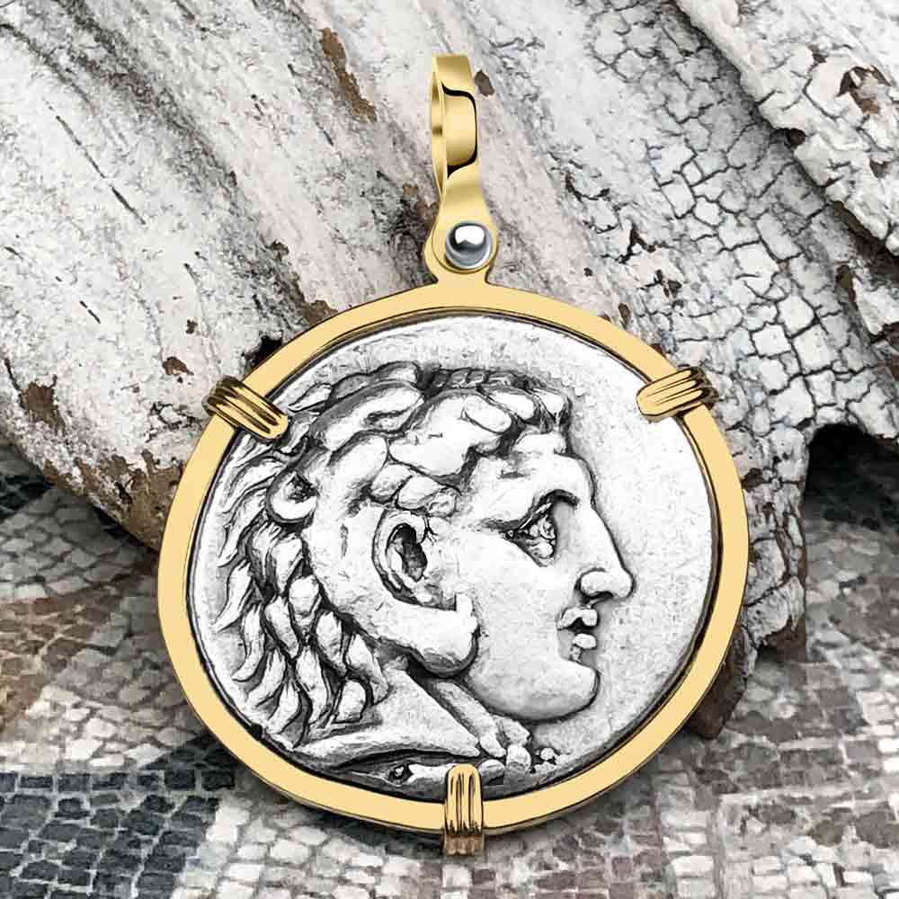 Ancient Greek Alexander the Great LARGE Silver Tetradrachm Coin 14K Gold Pendant