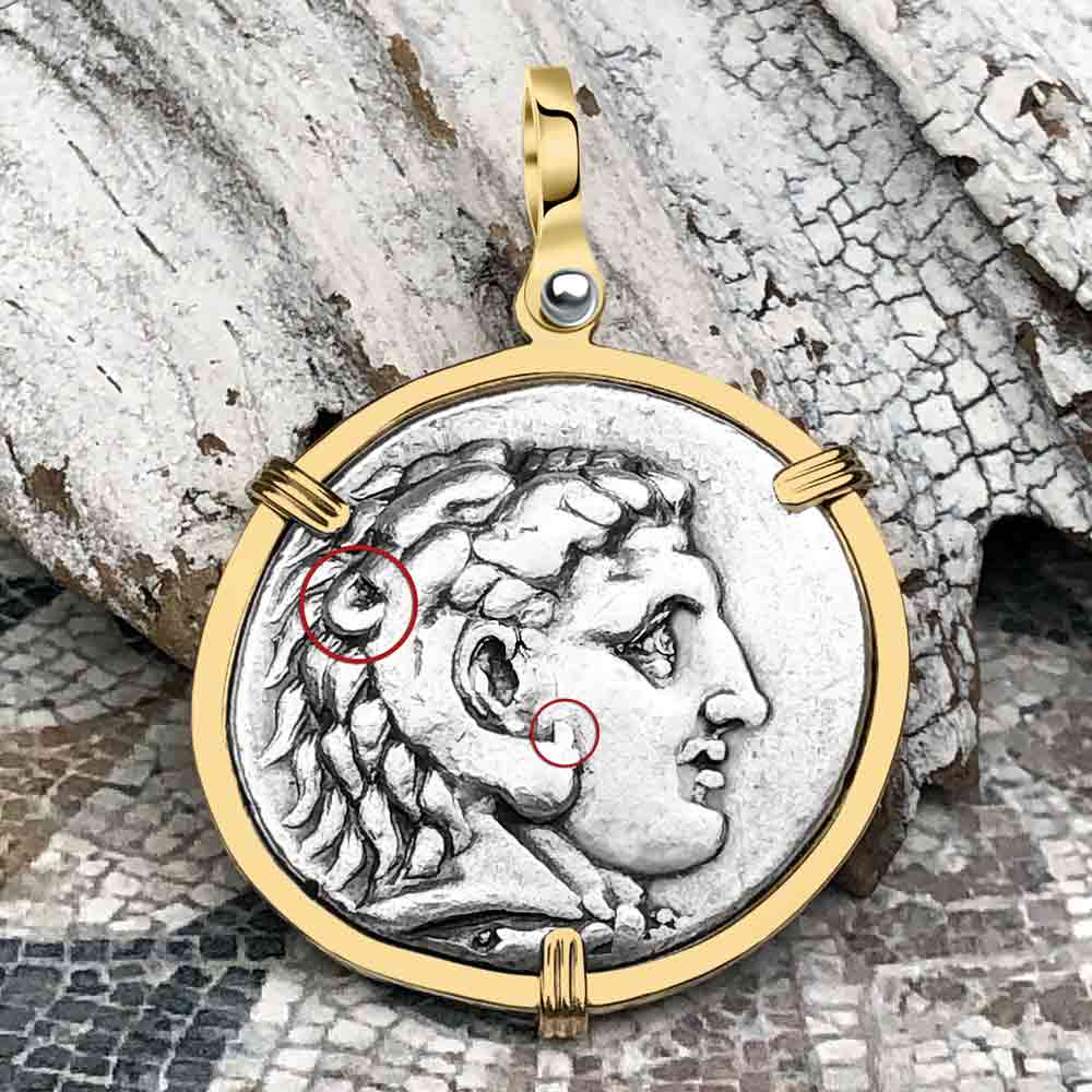 Ancient Greek Alexander the Great LARGE Silver Tetradrachm Coin 14K Gold Pendant