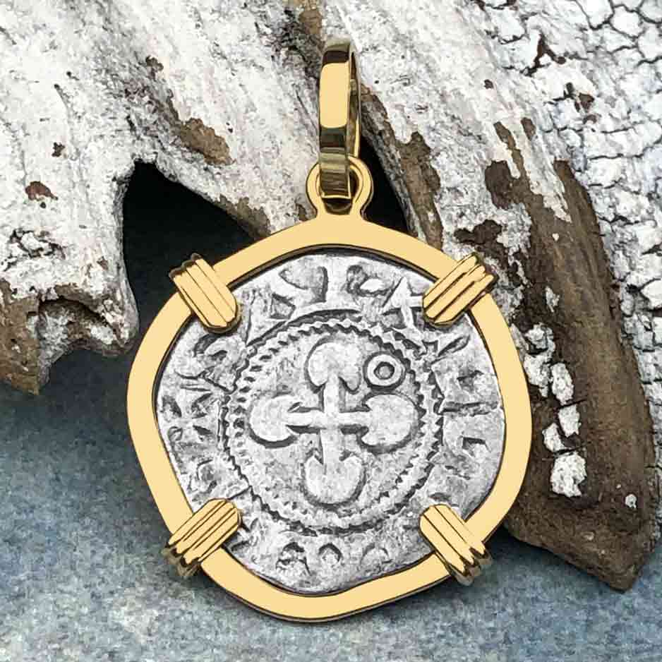 Templar Knights Era French Healing Angel Silver Denier 14K Gold Pendant 