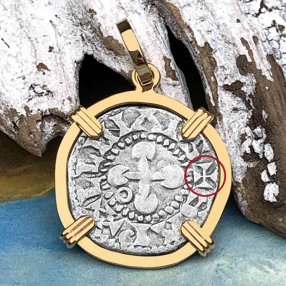 Templar Knights Era French Healing Angel Silver Denier 14K Gold Pendant 