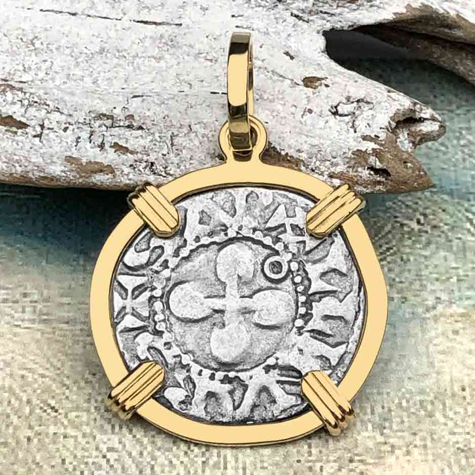 Templar Knights Era French Healing Angel Silver Denier 14K Gold Pendant 