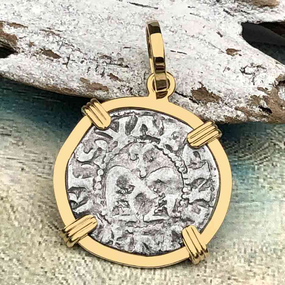 Templar Knights Era French Healing Angel Silver Denier 14K Gold Pendant 