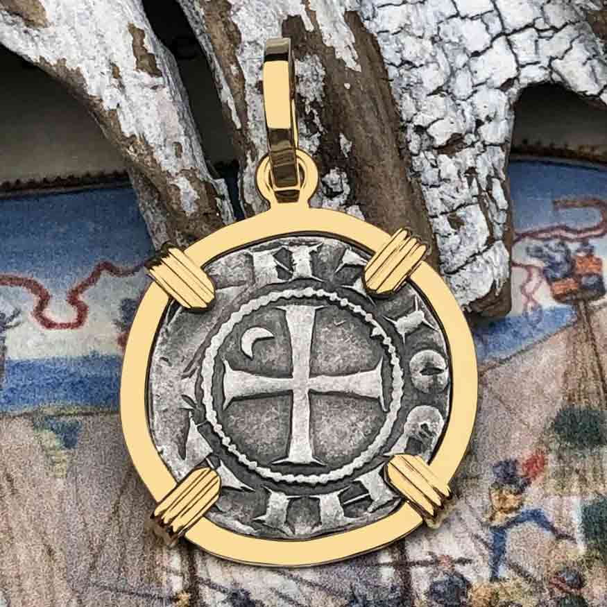 Templar Knights Era Antioch Crusader Medieval Silver Denier &quot;Helmet Head&quot; Coin of the Crusades 14K Gold Pendant