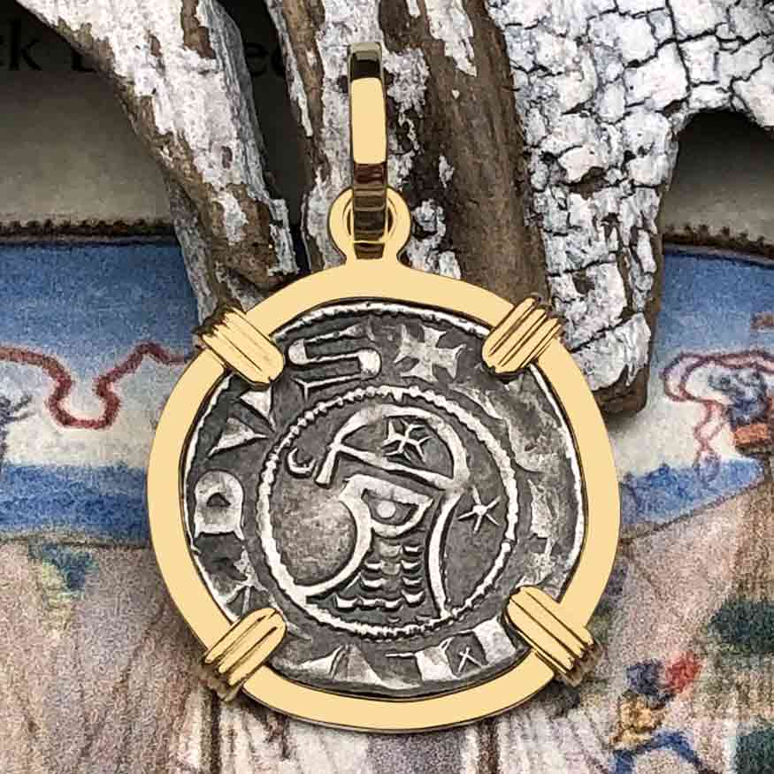 Templar Knights Era Antioch Crusader Medieval Silver Denier &quot;Helmet Head&quot; Coin of the Crusades 14K Gold Pendant