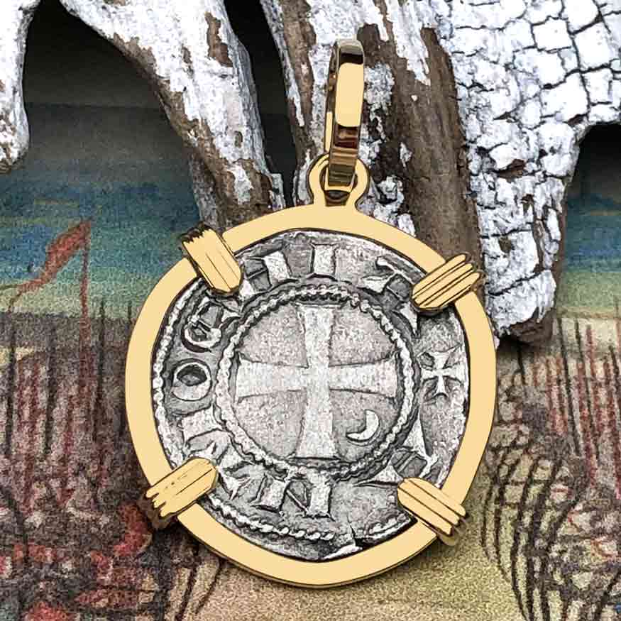 Templar Knights Era Antioch Crusader Medieval Silver Denier &quot;Helmet Head&quot; Coin of the Crusades 14K Gold Pendant