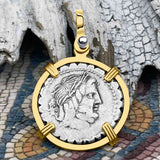 Roman Republic Silver Denarius Serratus 82 BC Jupiter & Victory 14K Gold Pendant