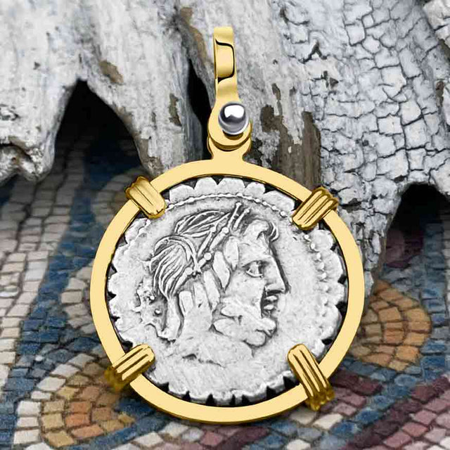 Roman Republic Silver Denarius Serratus 82 BC Jupiter & Victory 14K Gold Pendant